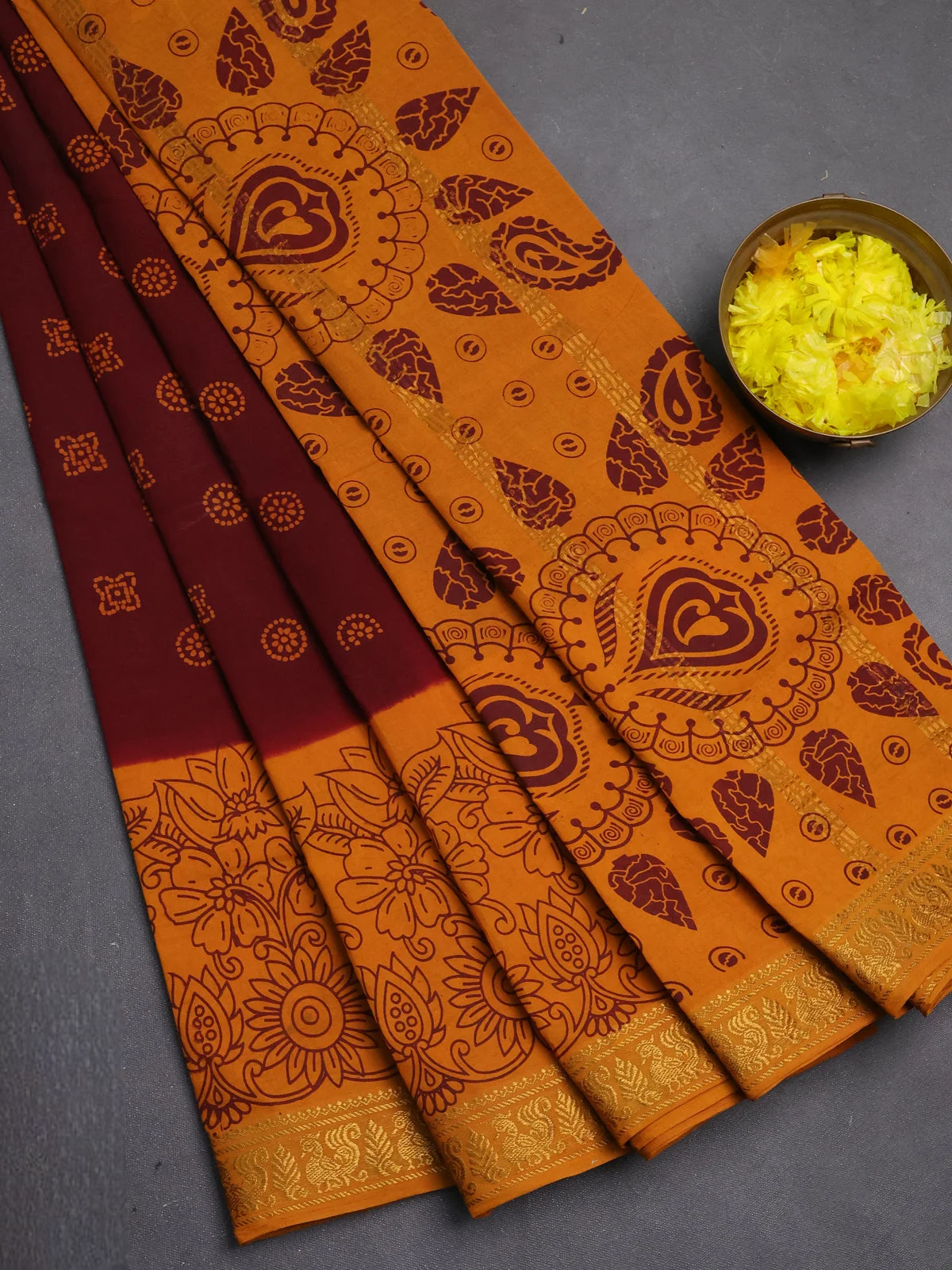 Sungudi Cotton Saree - Deep Brown and Mustard Yellow